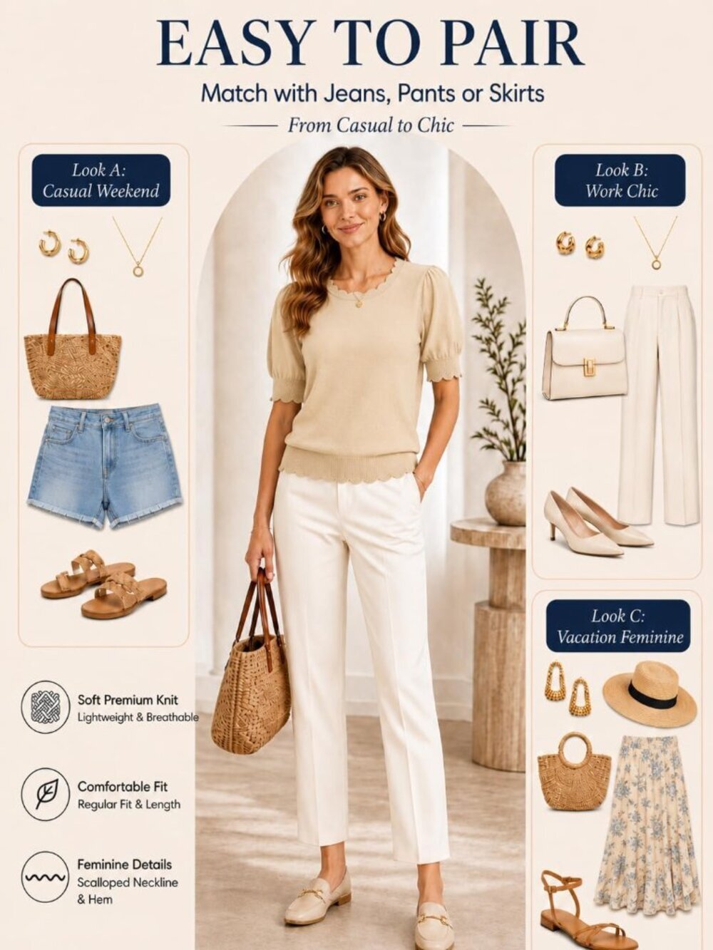 Women's Beige Short Sleeve Imported Pull On Casual Crew Neck Sweater - Picture 5 of 6